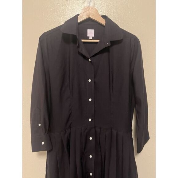 ANN MASHBURN Shirtwaist Midi Dress Black Cotton Button‎ Up Women's Size L No Tie - Picture 3 of 11